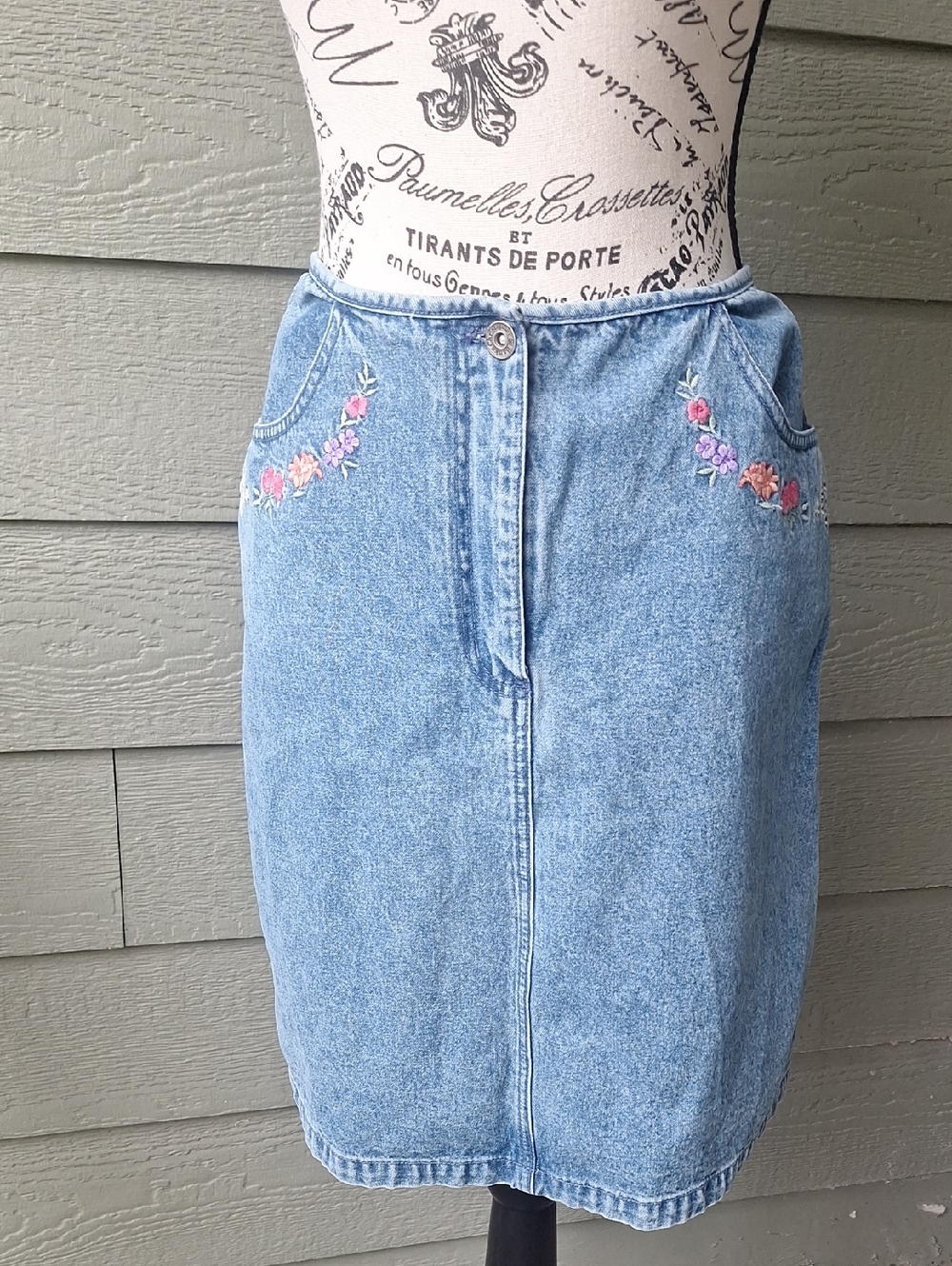 Vintage 90s Y2k Floral Embroidered Cotton Denim Jean Skirt Blue 10 Cottagecore
